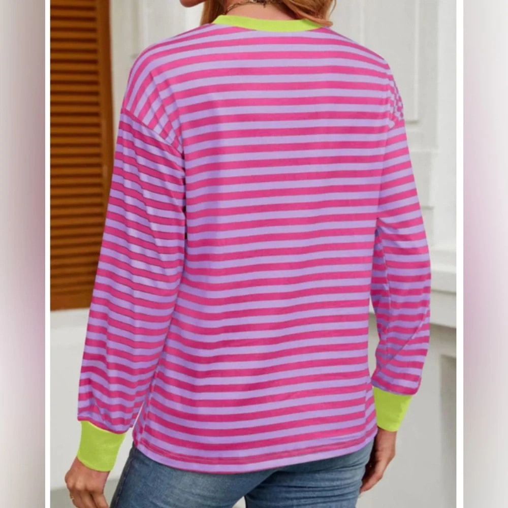 Wiholl Contrast Striped Crew T shirt for Women Sz L NWT - Picture 5 of 5